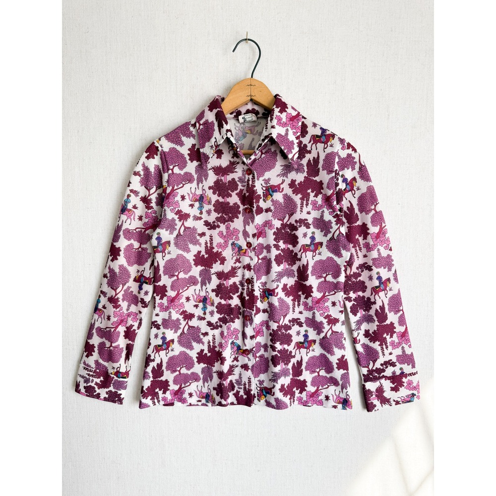 Vintage Jane Colby 70s Equestrian Horse Print Dagger Collar Blouse Purple S